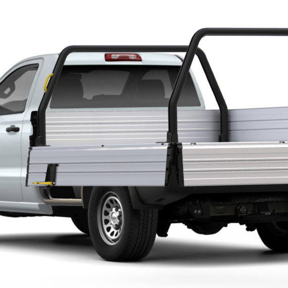 Tri-Gate operable truck bed with side gate and tailgate down